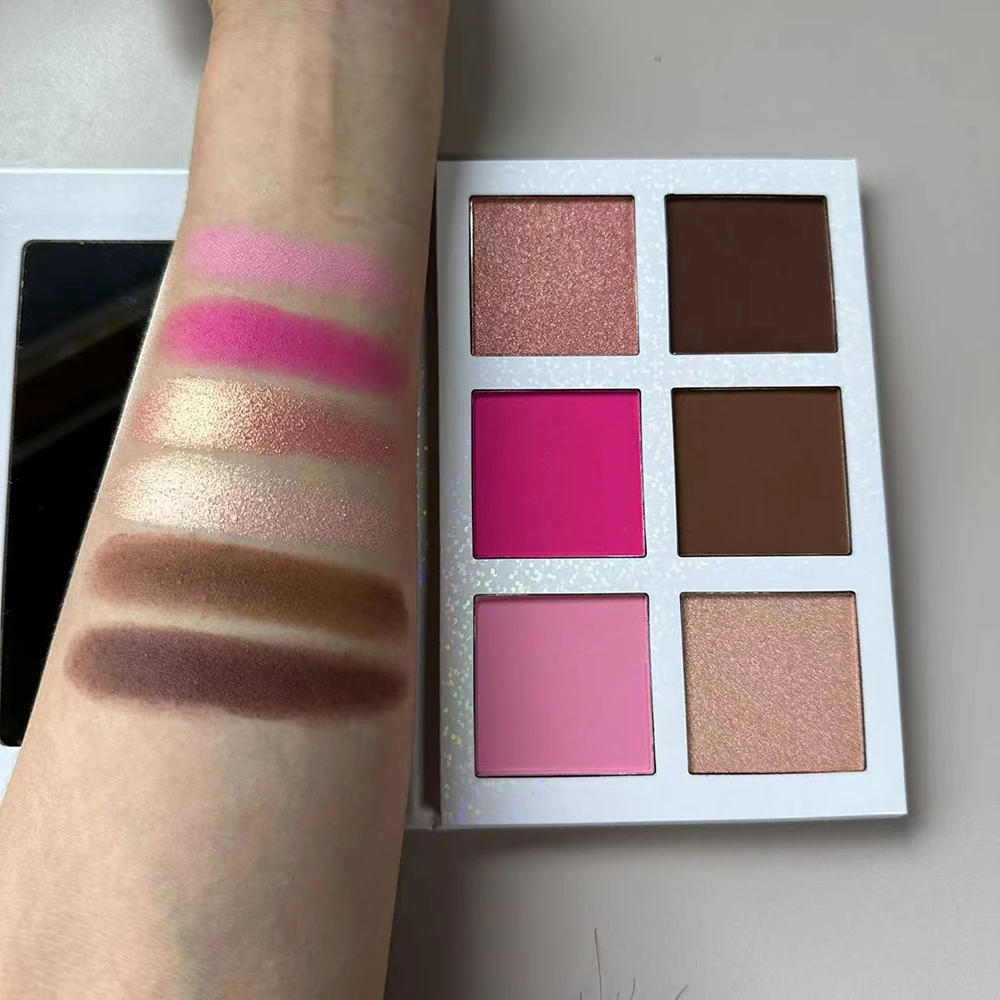 Palette de contour de fard à joues à reflets de 6 couleurs, marque privée, Logo personnalisé, éclaircissant, longue durée, imperméable, maquillage, vente en gros, sans cruauté