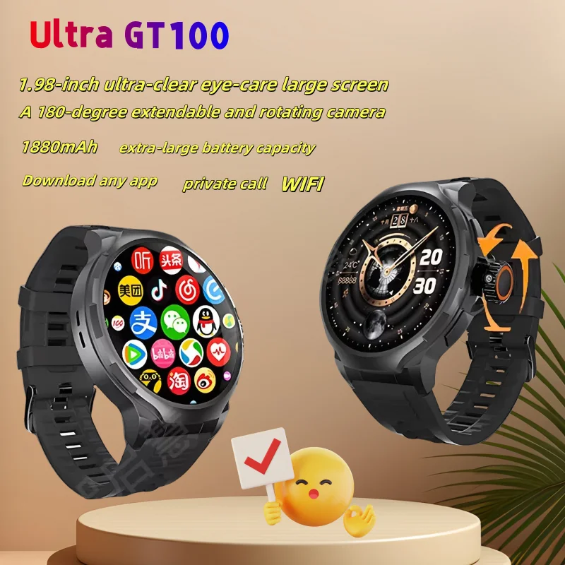 

Система Android GT100 4G Simcard 180 ° Поворотная камера IP67 Водонепроницаемые часы GPS WIFI 128 ГБ Rom