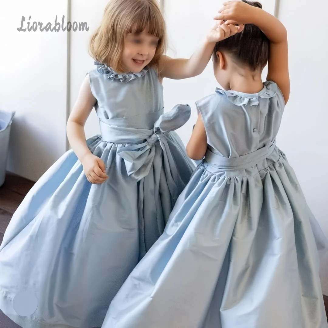 Abito formale blu da bambina con colletto in pizzo e fascia con laccetti sul retro, abito da damigella d'onore per matrimoni e feste