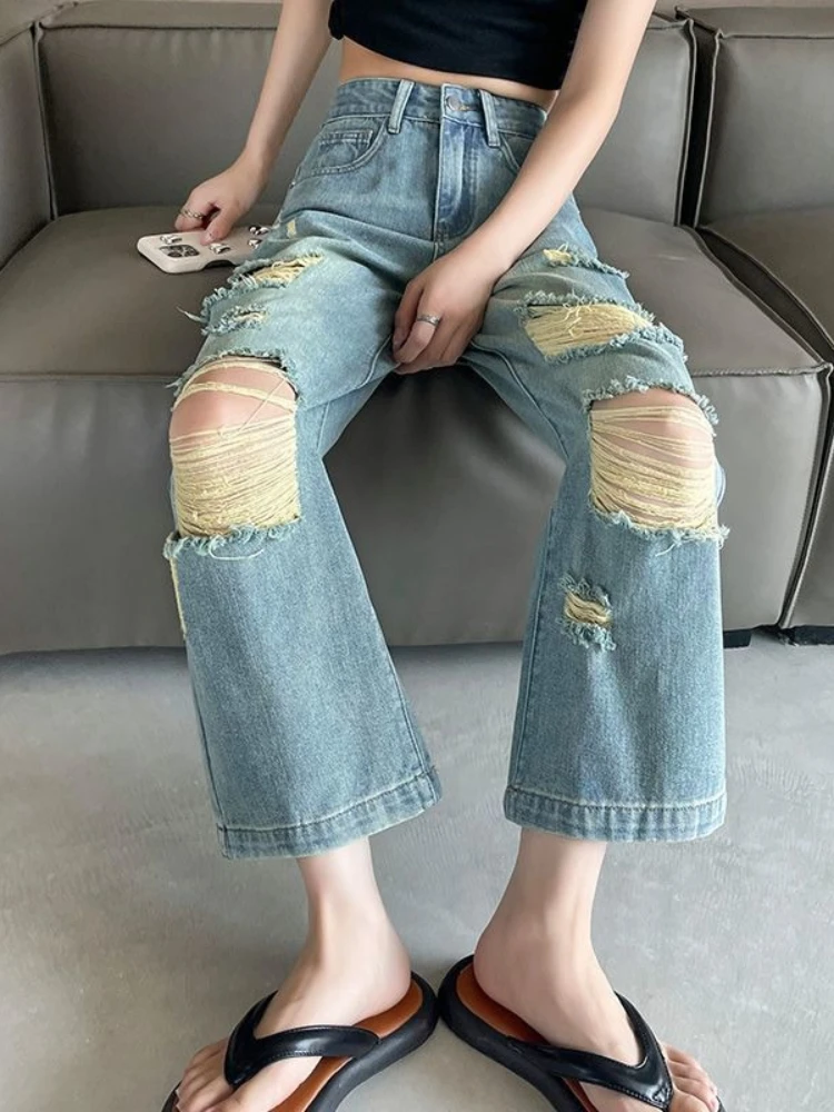 

Women's Ripped Straight Leg Jeans 2026 New Style Summer Thin Loose Fit Slimming Petite Ankle Length Wide Leg