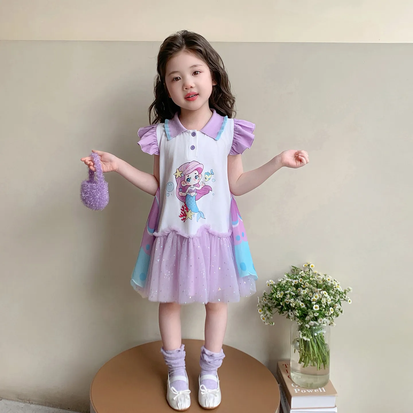 princess-style-mermaid-wing-dress-girls-skirt-summer-mesh-skirt-short-sleeve-children's-clothing-princess-dress-for-girls