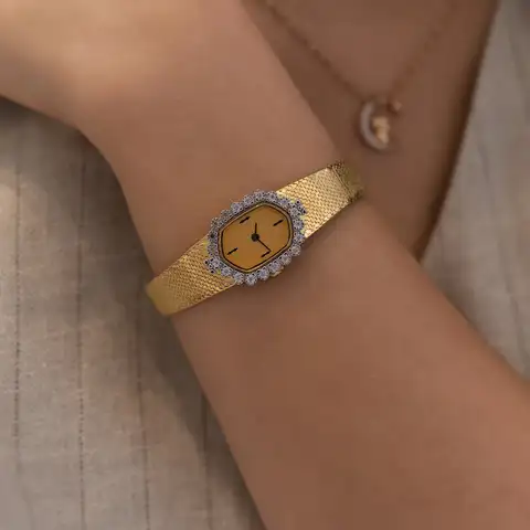 2026 New Hexagonal Vintage Gold Watch Dial with Crystals Brass Material High Quality Quartz Women's Watch