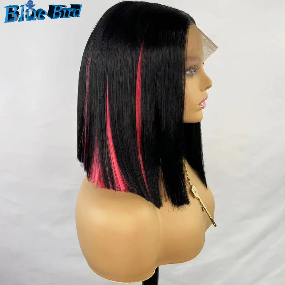 BlueBird Short Bob Silky Straight T Part Synthetic Hair Wig Natural Hairline Pink Highlights Black Futura Hair 13X2 Glueless Wig