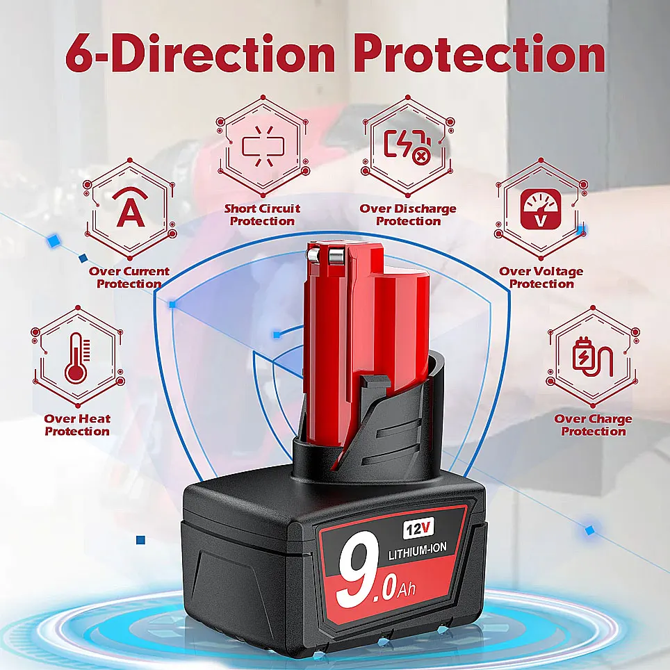 Pro Milwaukee M12 Baterie 12V 9.0Ah Dobíjecí baterie 48-11-2402 48-11-2411 9000mAh Náhradní baterie pro elektrické nářadí - náhled 6