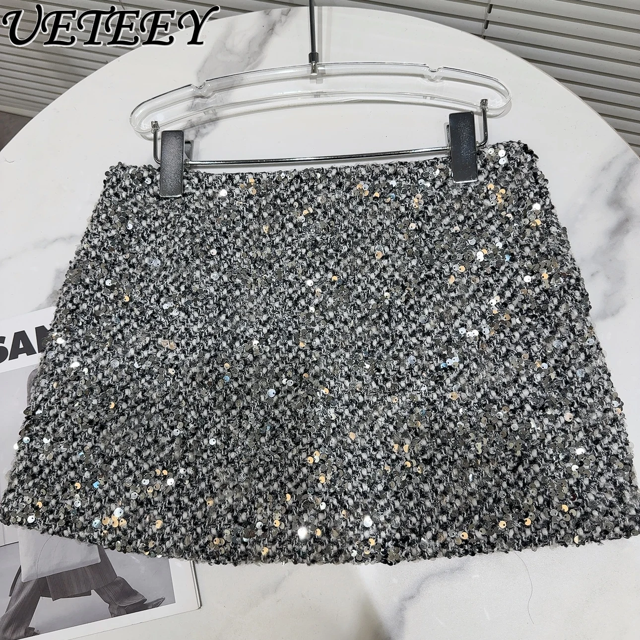 Autumn New Spice Girls Celebrity Sequined Short Skirt Fashion Nightclub Sexy Tweed Anti-light Hip Mini Skirts for Women