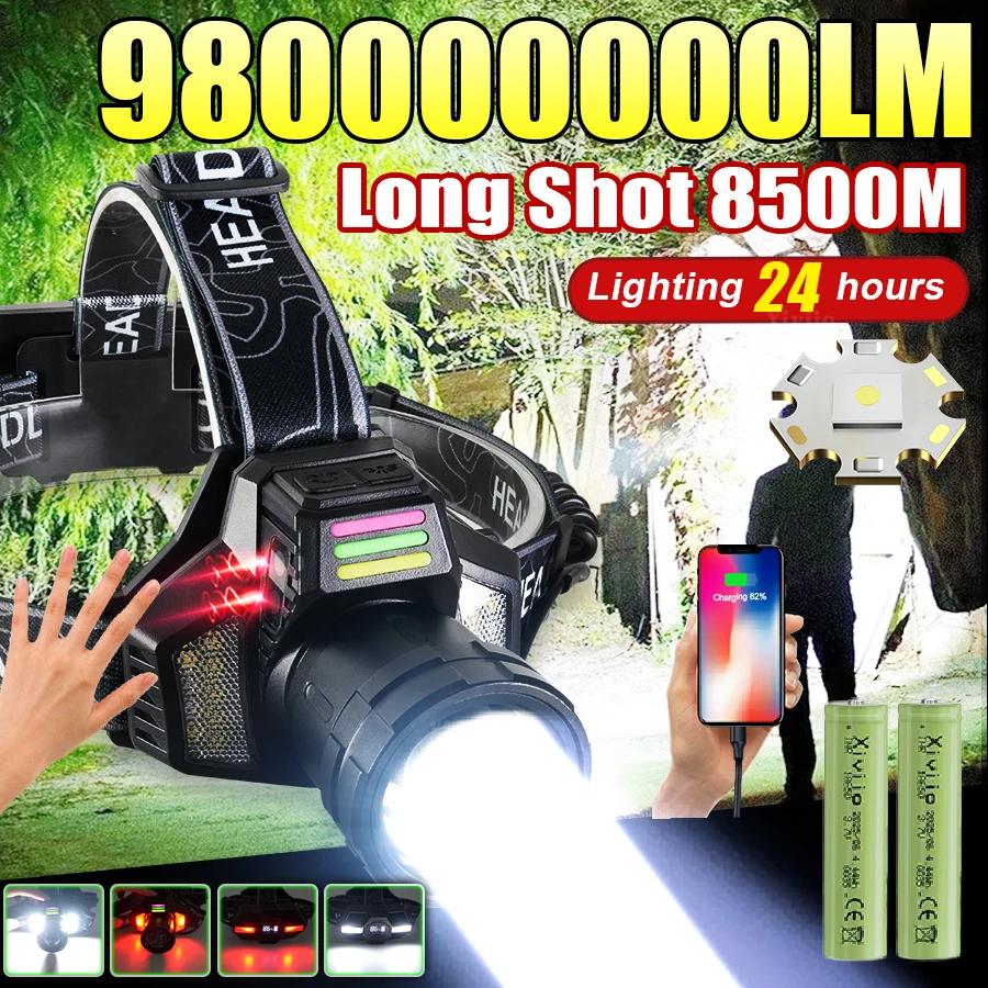 980000000LM Most Powerful Led Headlamp 18650 Rechargeable Headlight Long Range 8500m Head Torch Fishing Camping Head Lantern