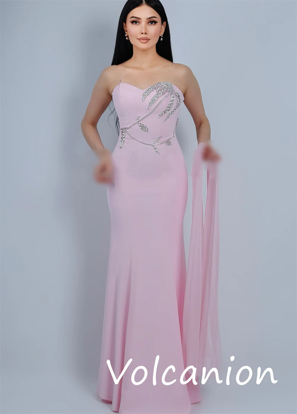 Customized Modern Style Jersey Sequined Trumpet Strapless Long Dresses Bespoke Occasion Elegant Simple
