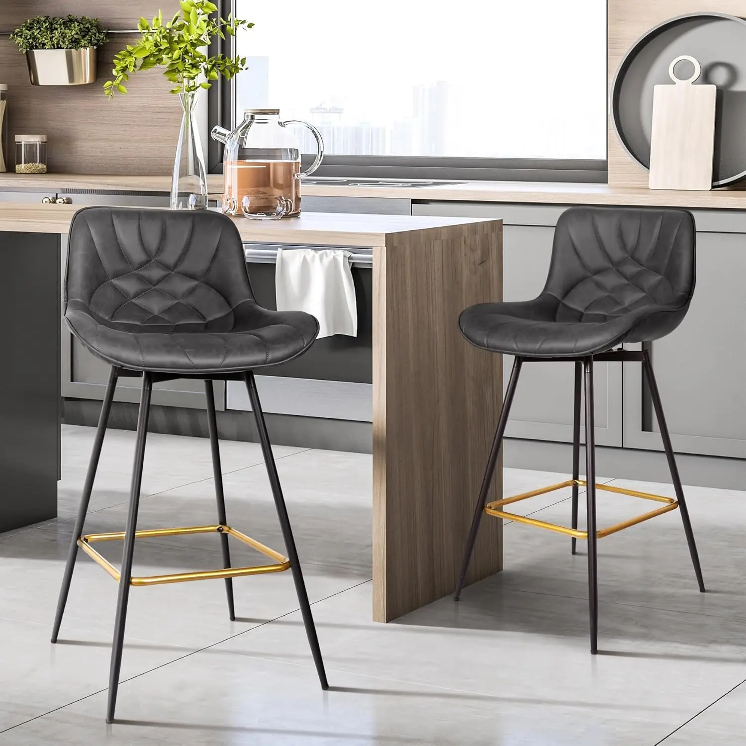Faux Leather Bar Stools Set Of 2, 29 Inch Counter Height Bar Stools, Swivel Kitchen Counter Bar Stool, Kitchen Island Chairs,