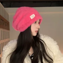 2022 Korean Fashion Women's Hats Winter Warm Thickened Plush Cloth Labe Japanese Retro Pile Hat Ins Pullover Beanies Caps