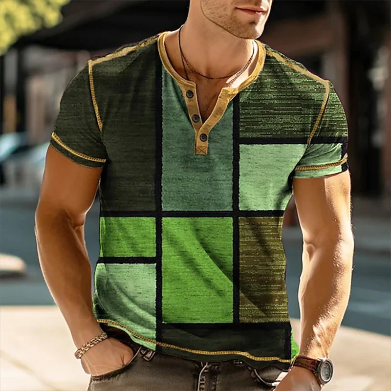 Men's Summer T Shirt Retro Patchwork Button Short Sleeve Men's Waffle Trendy Casual Breathable Button T Shirt Attendance Wear
