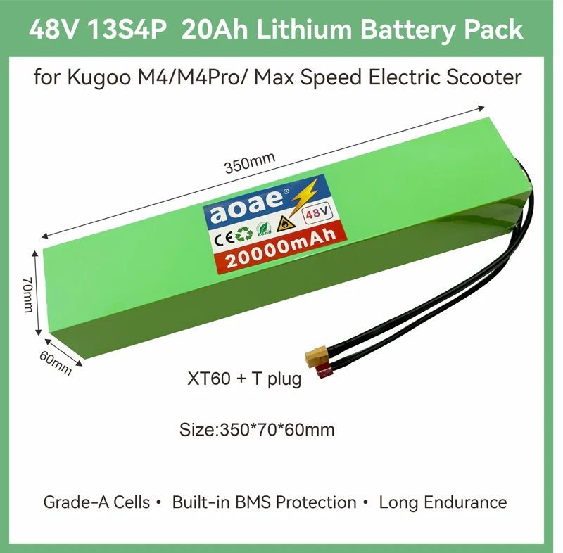 For Kugoo M4 M4Pro Max Speed Scooter 48V Lithium Battery Pack 13S4P 20Ah Grade-A Cells Built-in BMS Dual XT60+T Long Range