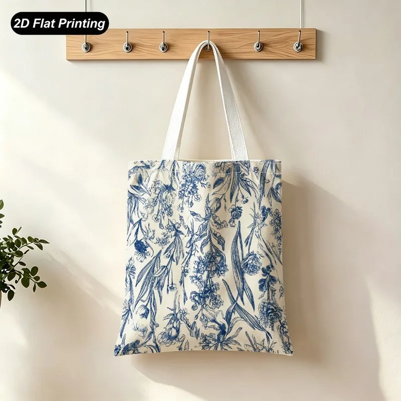 Vintage Blue Floral Line Drawing Print Tote Bag，Large Capacity And Durable，Adapted Shopping、Daily