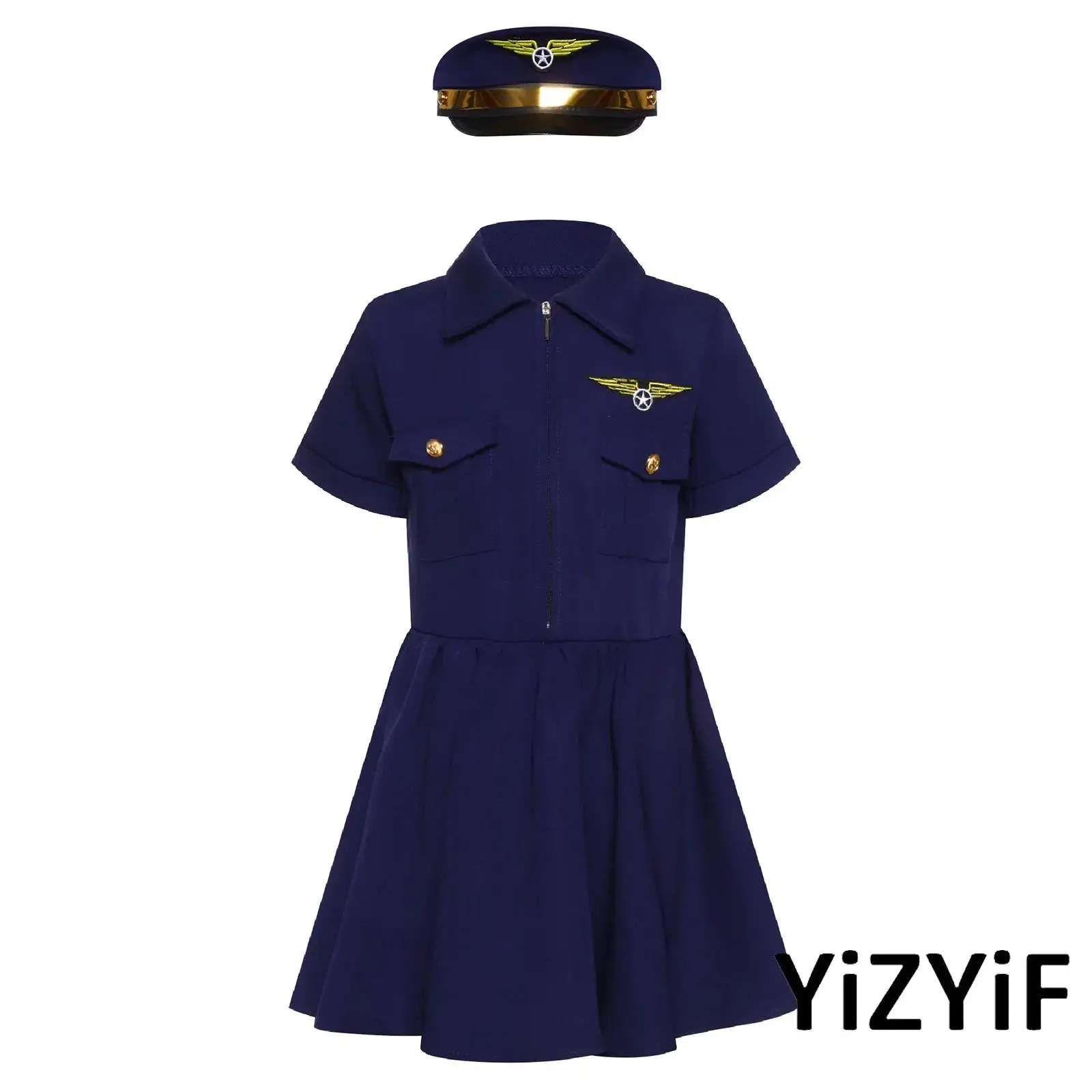 

Professional Flight Crew Uniform Kids Girls Pilot Dress Short Sleeve Notch Collar Functional Pockets Zipper Closure Cap Included