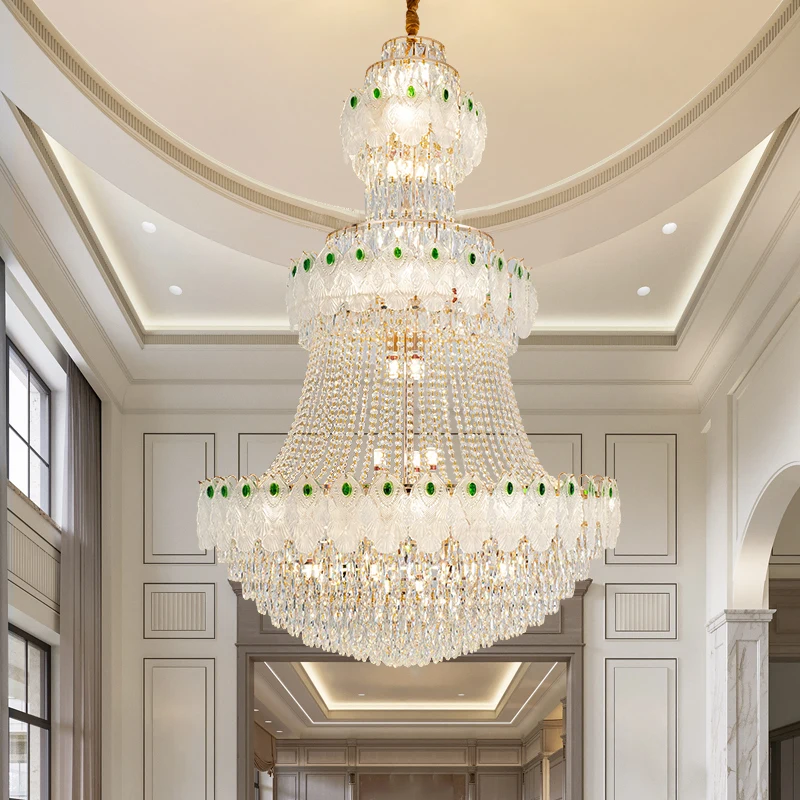 European Luxury Peacock Crystal Chandelier, Gold-Green Pendant Light Duplex Villa Living Room Lighting, Grand Home Pendant Lamp