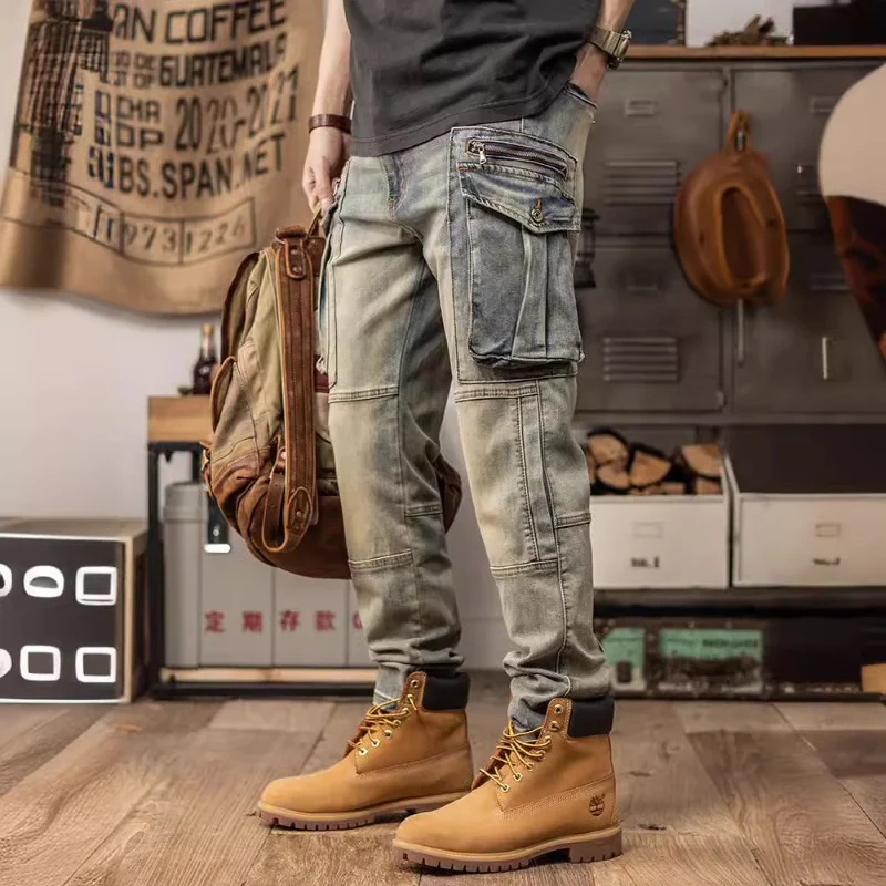 

High street tide brand spring and autumn three-dimensional jeans design splicing casual cargo American retro loose straight leg