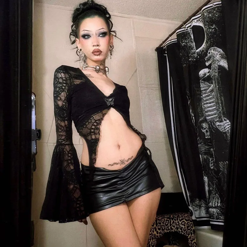 

Women V Neck Dark Gothic Crop Blouse Shirt Summer Flared Sleeve Hollow Out Crop Tops Gothic Y2k Fashion Vintage Slim Fit Shirts
