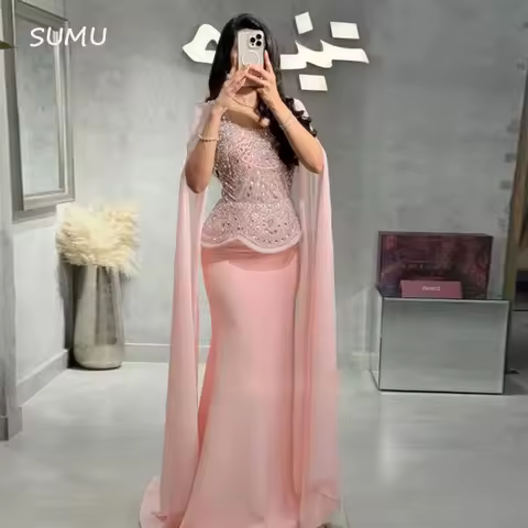 Customized Evening Dress with Cape Luxurious Crystal Embroiered Square Neckline نسيج باربي Wedding Guest Dresses