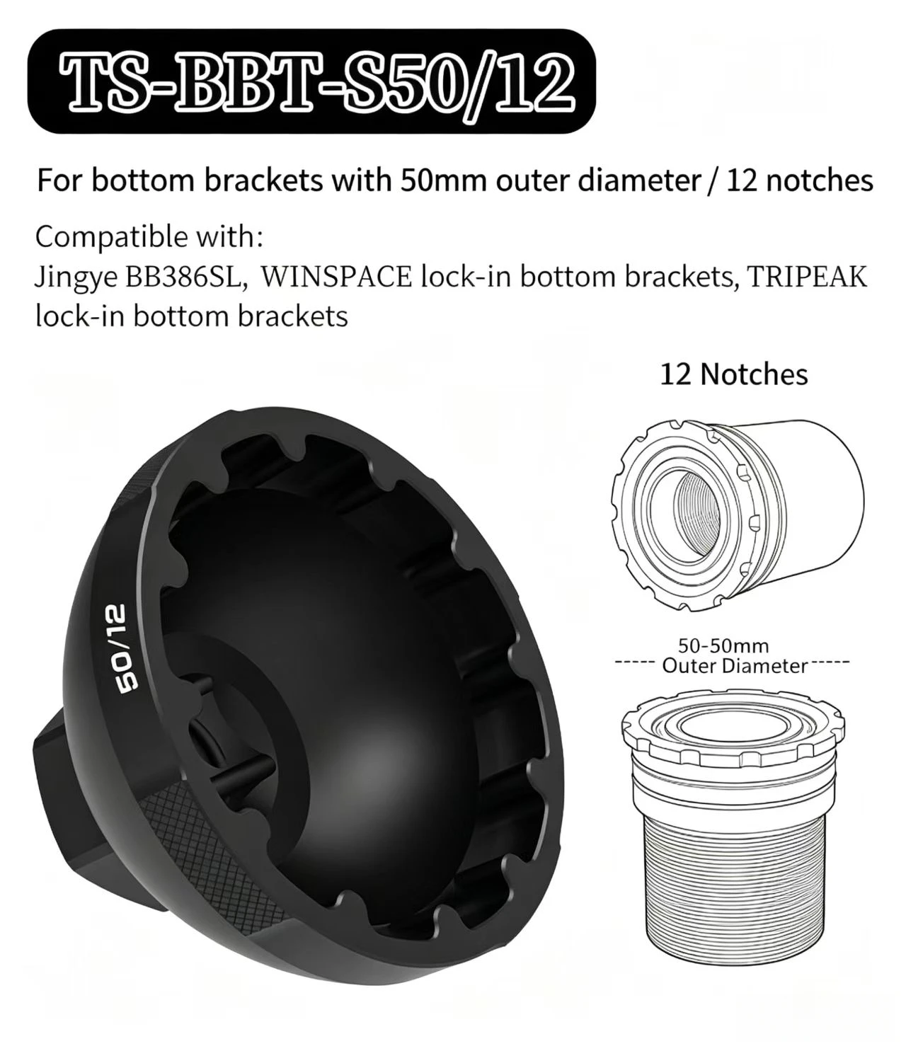 Fahrrad-Innenlager-Werkzeug 48/50/52/53mm 12/16 Notch Rutschfest Passend für SRAM DUB Praxis Colnago Winspace Tripeak T47 BB30 BB386 7075 Al