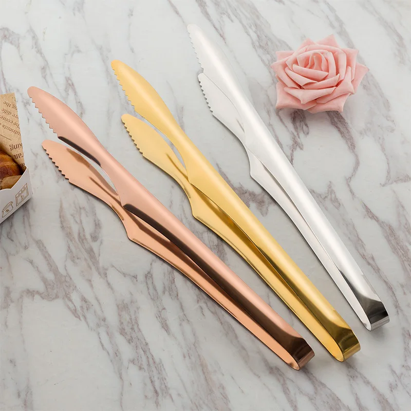 Stainless Steel Non-Slip Handle BBQ Tongs Silver Golden Cake Bread Clamp Buffet Steak Clip Kitchen Home Cooking Utensils