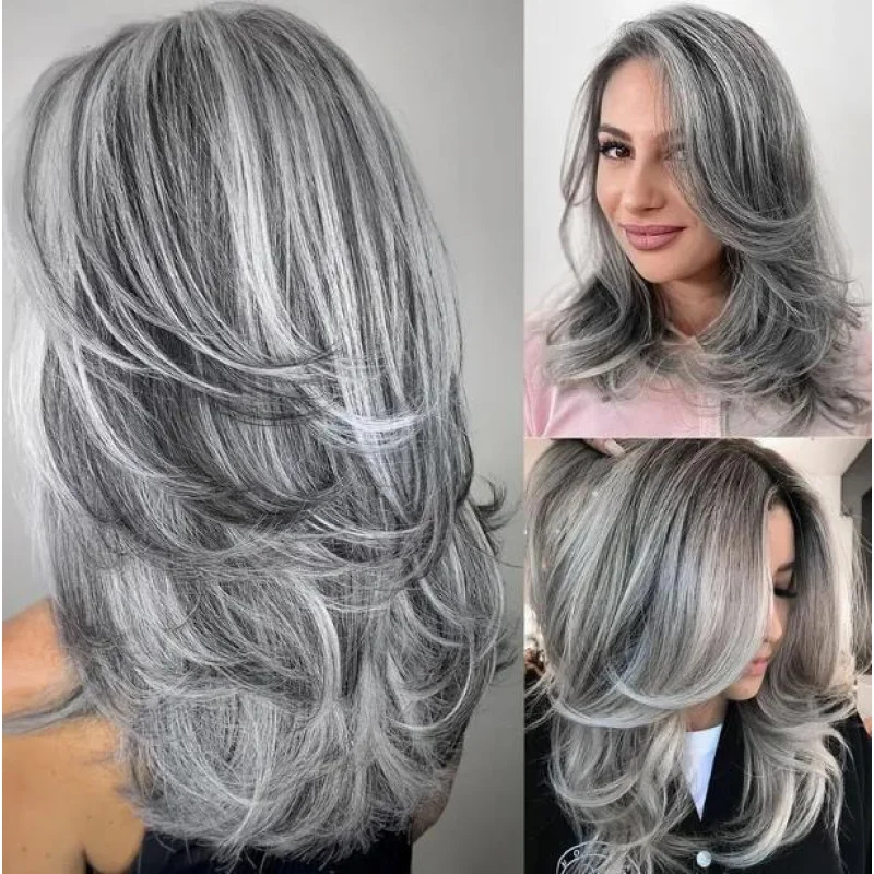 

Women Grey Layered Short Black Mix Wigs Curly Wavy Gray Wig