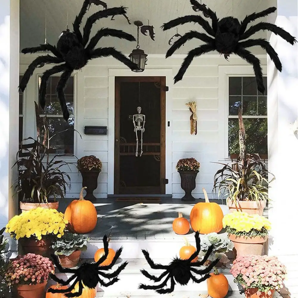 Giant Fuzzy Black Spider Halloween Ornaments Realistic Creepy Props For Outdoor Garden Lawn Patio Holiday Party Decor Items