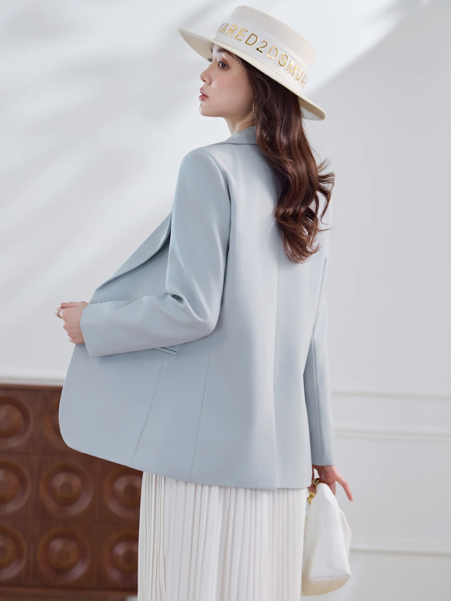 Gray Blue Women's Suit Jacket Fashionable Elegant Spring New Arrival Long Sleeve Polyester Fiber Classic Plain Collar