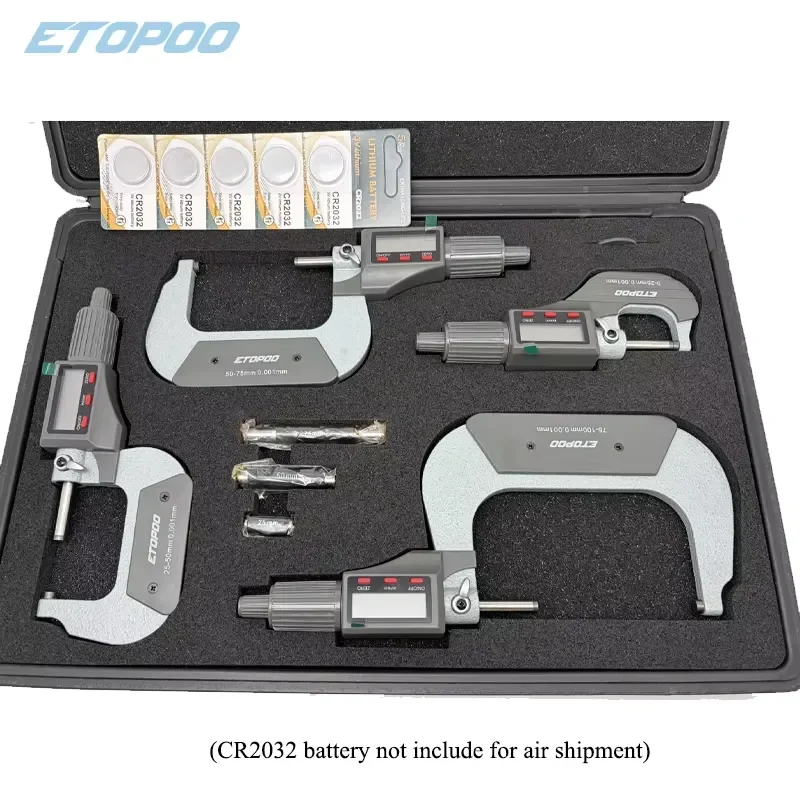 ETOPOO 3-Button Gray/Blue Digital Display Micrometer Set of 4 Pieces - High-Precision and High-Accuracy Micrometer Complete
