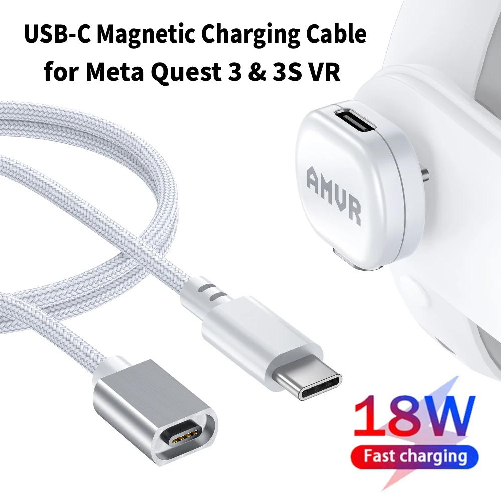 1.2m AMVR Magnetic Charging Cable for Meta Quest 3 & 3S VR USB-C Cable 18W Fast Charger Cables for Meta Quest 3 VR Accessories