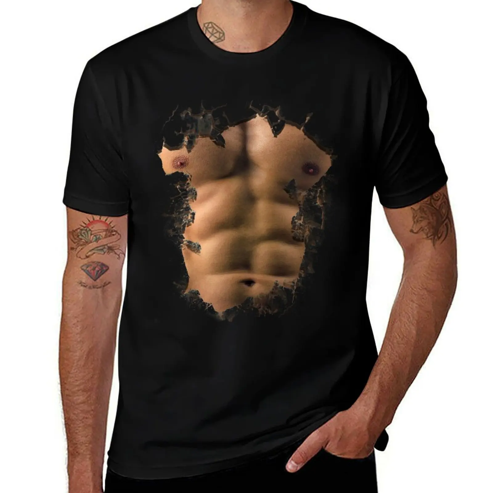 

Realistic Chest Six Pack Fake Abs T-Shirt man tshirt t shirt man cotton T-Shirt