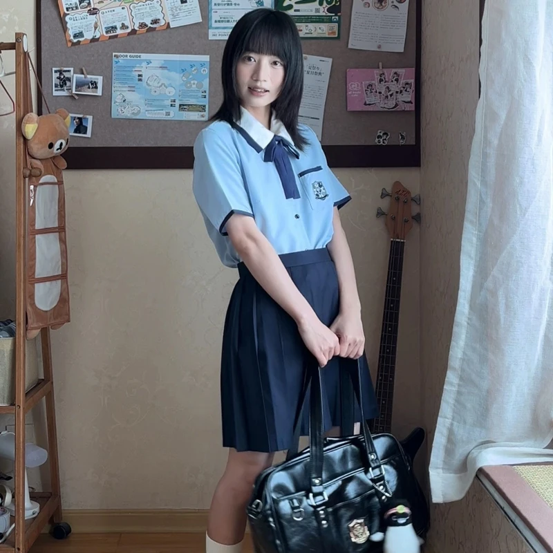 นักเรียนจีน Jk ชุดแขนสั้น 3 ชิ้นชุดสําหรับหญิงเกาหลีไต้หวัน High School เสื้อผ้าสีฟ้ากะลาสีเสื้อจีบกระโปรง