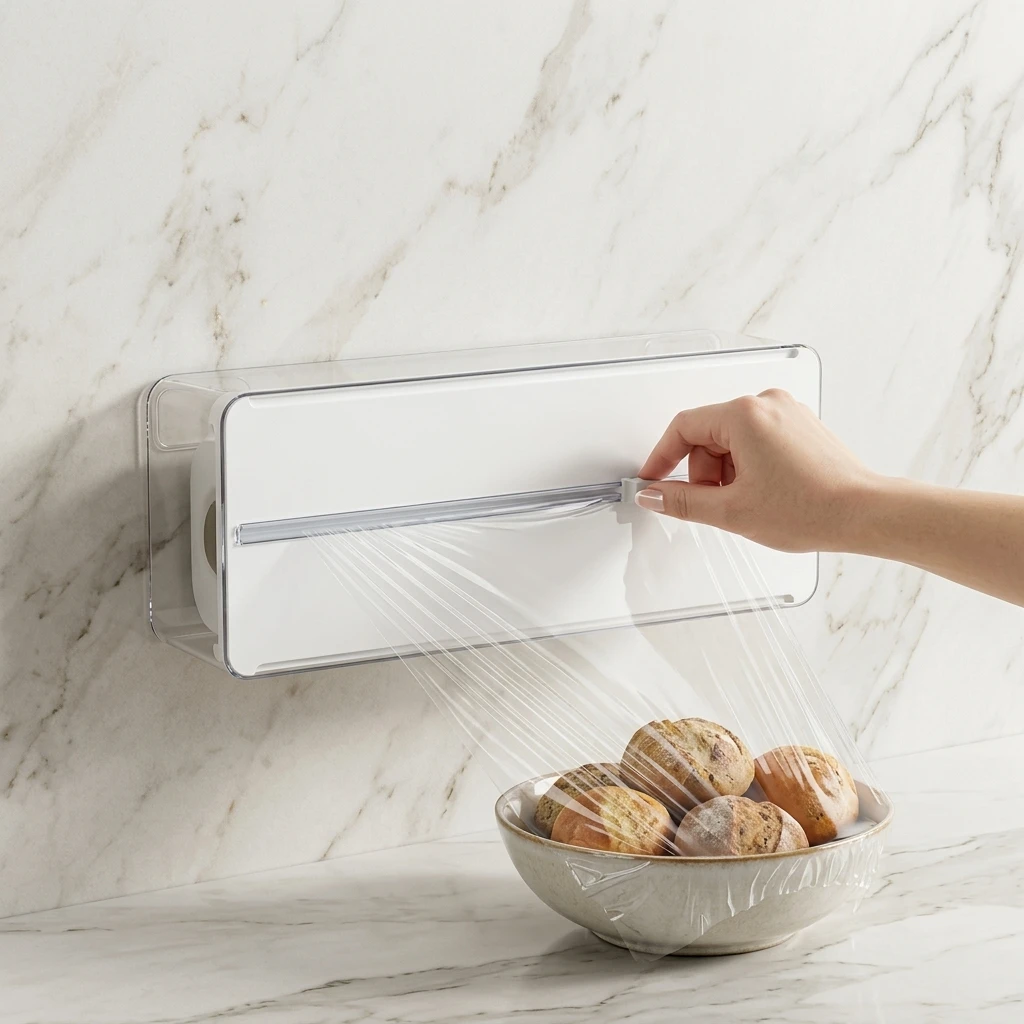 Efficient Plastic Wrap Dispenser Sliding Cutter for Kitchen Wall Mount Aluminum Foil Holder Space Saving Storage Rack