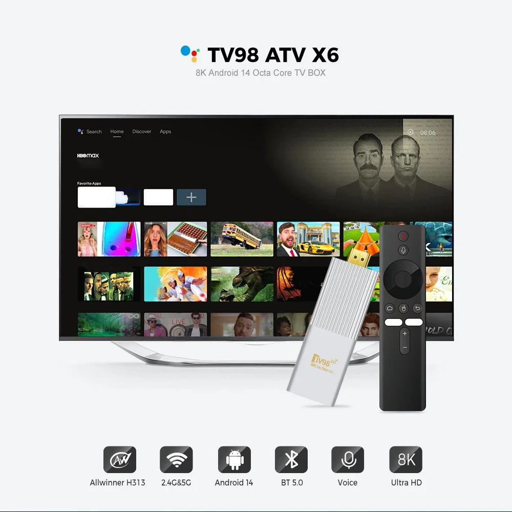 TV98 ATV X6 Mini TV Stick Android 14.0 OS BT5.0 8K 4K 5G Wifi 6 Allwinner H313 Quad Core Voice Remote TV Stick PK DQ10 M98 Y10