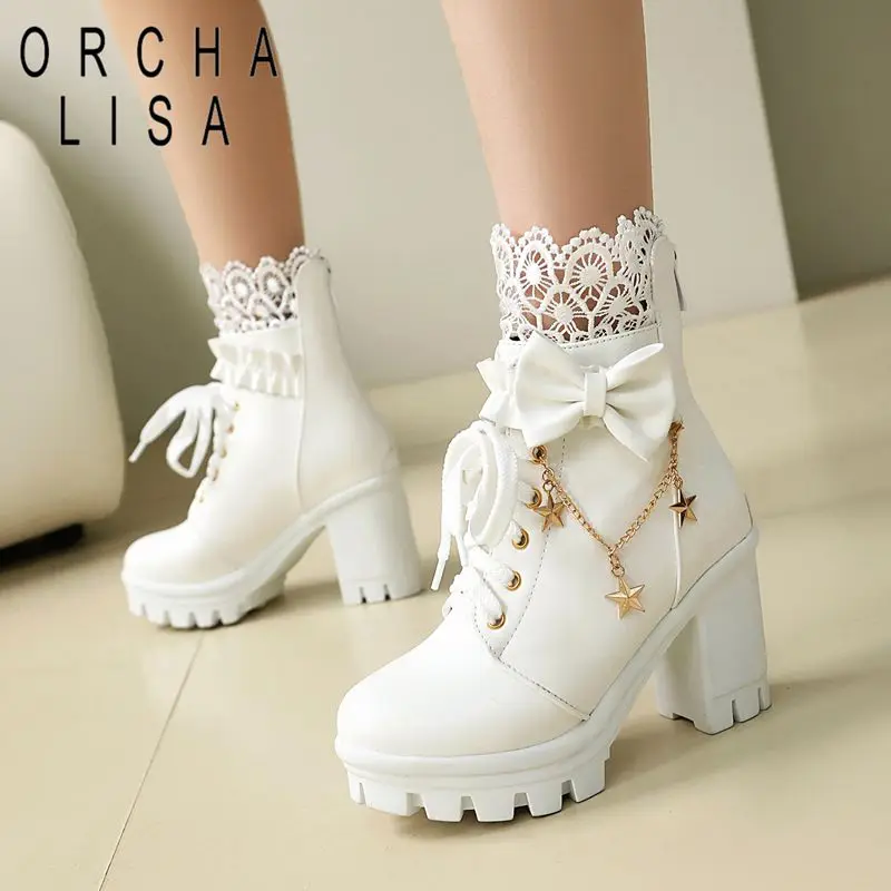 

ORCHA LISA Fashion Women Ankle Boots Round Toe 9.5cm High Heels 3cm Platform Zipper Lace Large Size 43 44 Sweet Booties Autumn