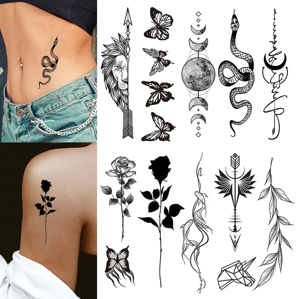 

10pcs Temporary Tattoos for Women Men, Snake, Butterfly, Moon, Lion Fake Tattoo for Hand Waist Body Waterproof Tattoo Stickers