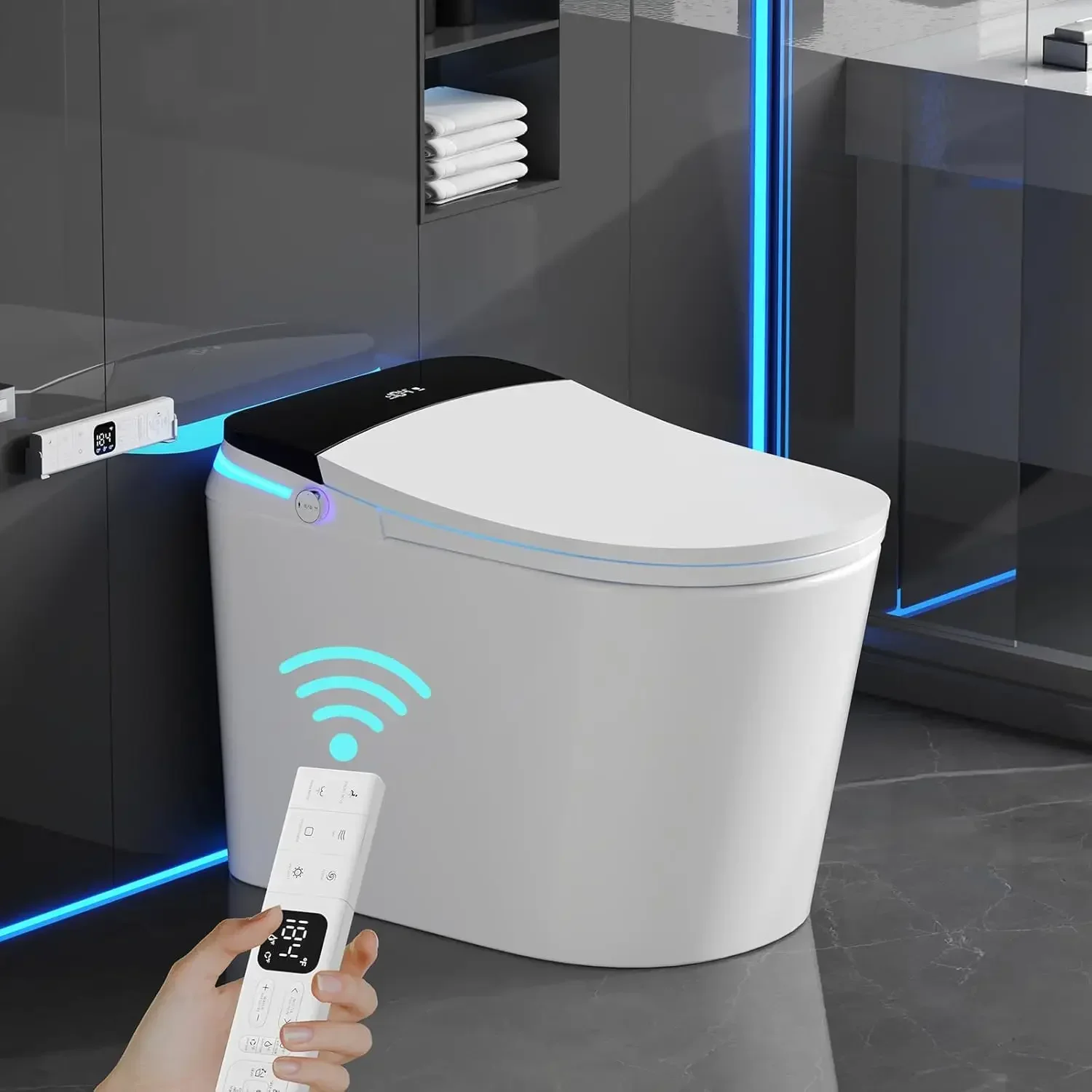 

Smart Toilet with Bidet Built in, 360° Siphon Auto Flush & Automatic Lid, One Piece Toilet for Bathrooms with LED, Customized
