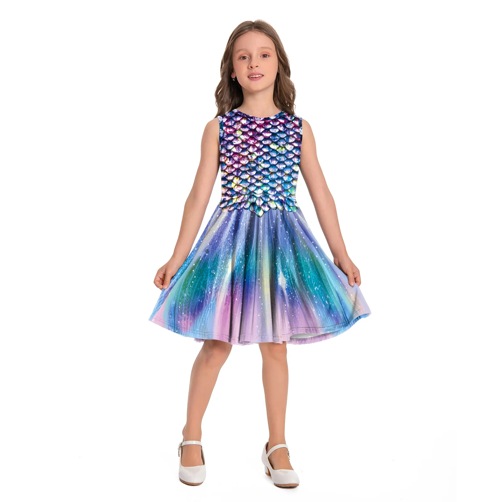 

Girls Mermaid Princess Dress Children Summer Fish Scale Print Sleeveless Dresses Kids Birthday Party Casual Clothes Fancy Dress