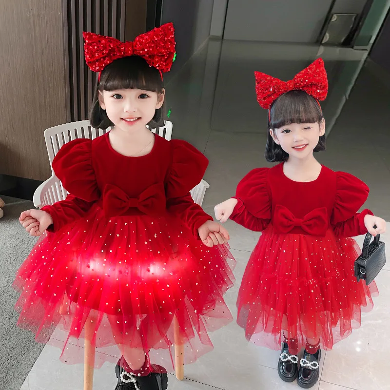 Girls' Autumn and Winter Plush Thickened Long Sleeve Princess Dress New Fashionable Red Shining Christmas Dress Birthday Gifts