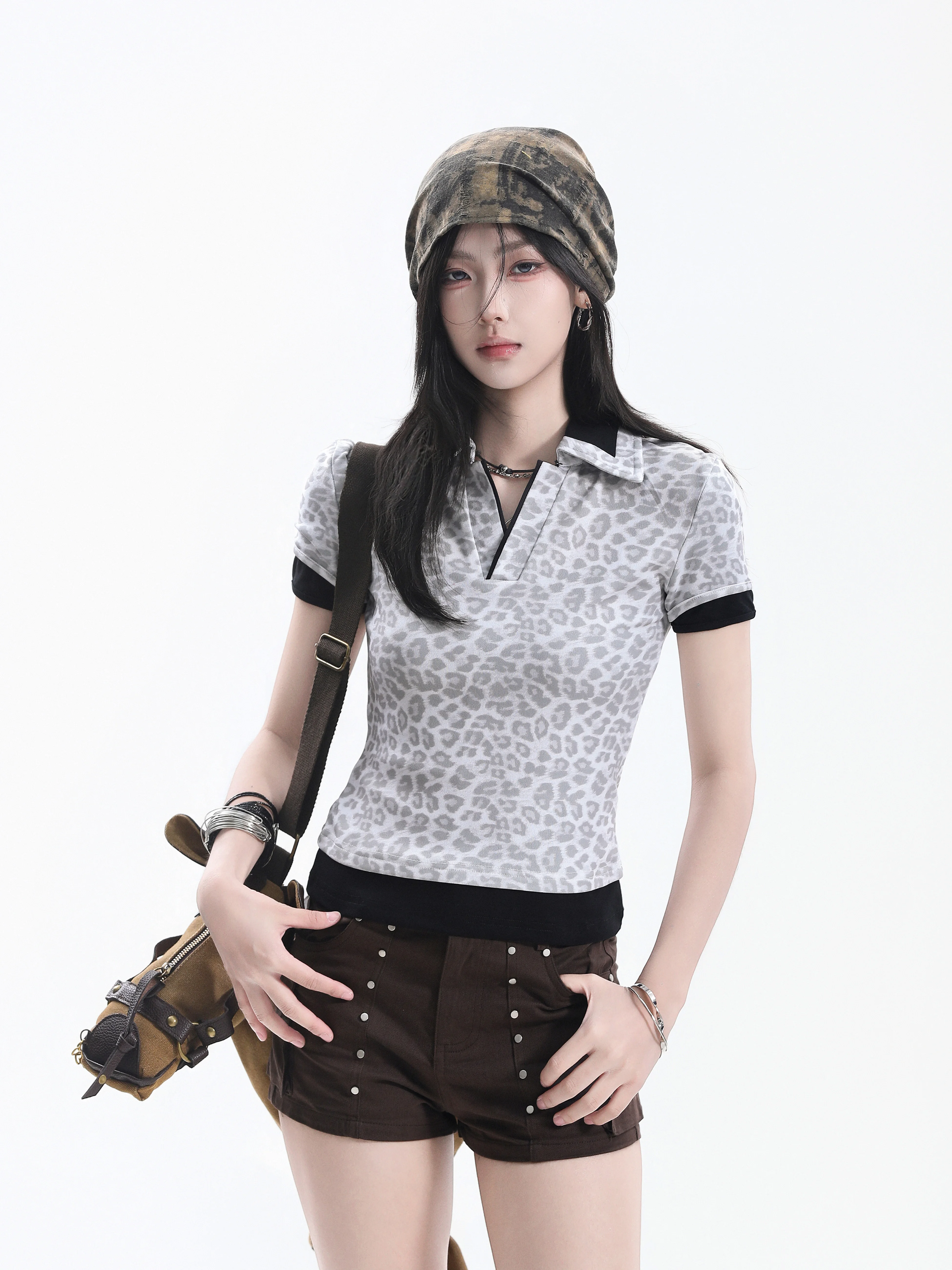 American Style Leopard Print  Shirt Women Summer Slim Fit Short Sleeve Color Block Top Small Ball Ball Casual Style