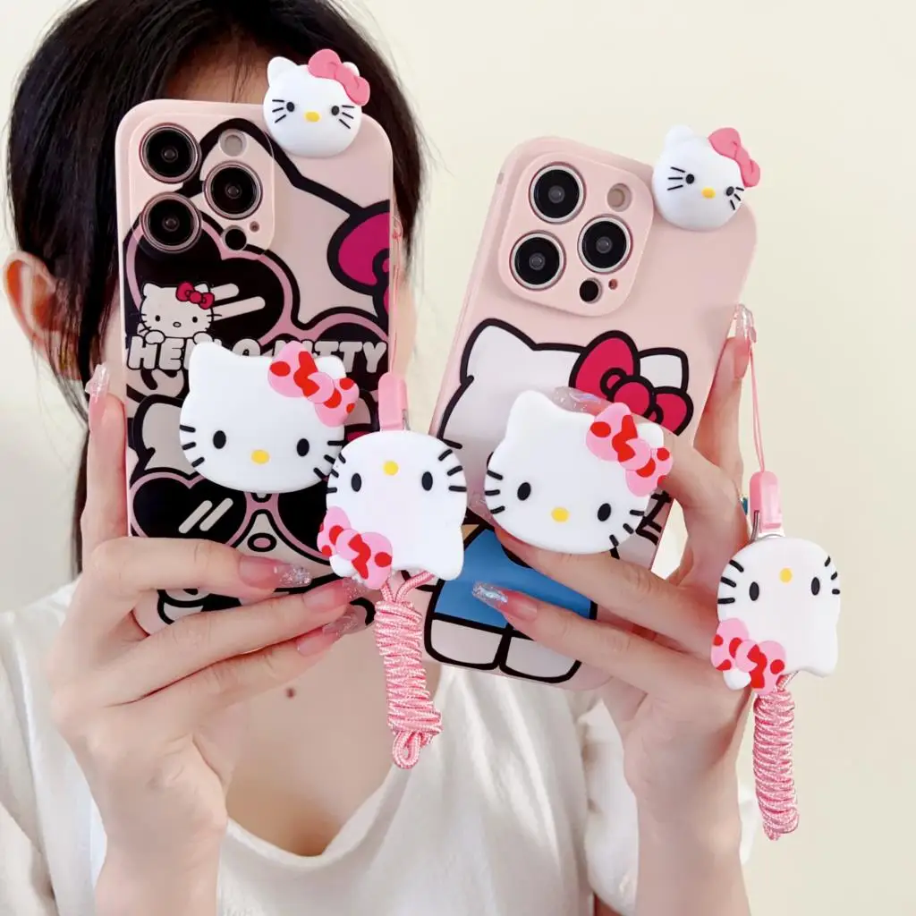 Funky Hello Kitty Case With Holder Rope For iPhone 6 6s 7 8 X Xs Max XR 11 12 13 14 15 Pro SE Max