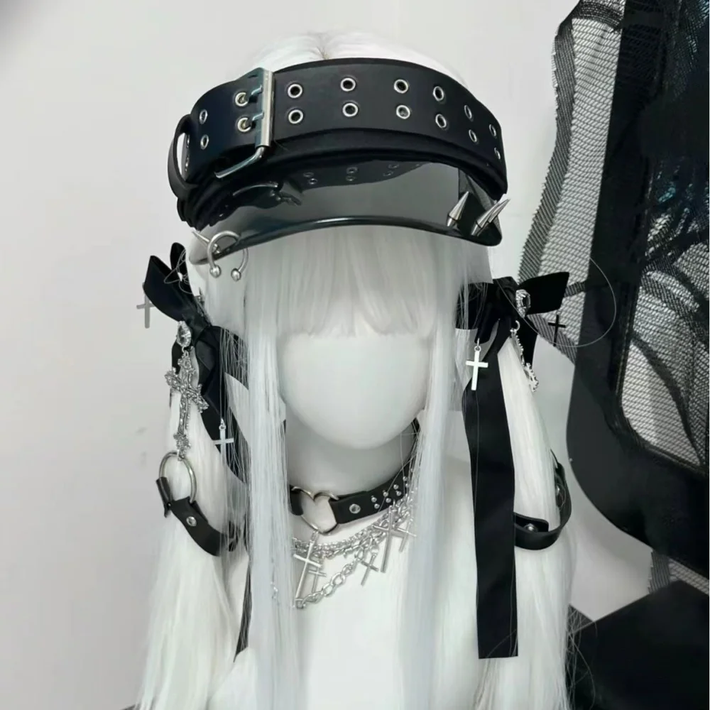 Ladies Goth Cap Y2K Women's Punk Hat Gothic Lolita Spike Girls Summer Hip Pop sun hat top air cap PU Bow Decorative Accessories