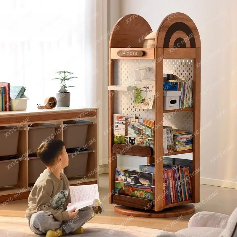 L*Furniture rotating bookshelf All solid wood rotating 360 degree reading picture book rack storage