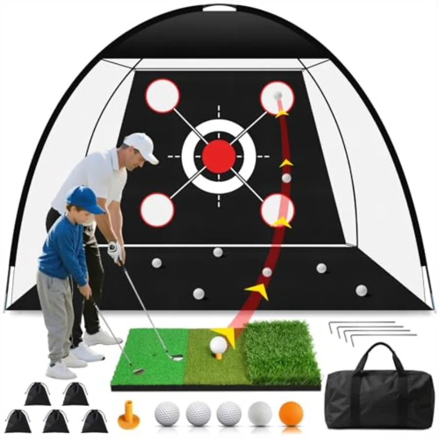 

Golf Net 10x7FT with Tri-Turf Mat, Ball, Target and Bag, All-in-One Golf Practice Hitting Net for Backyard Driving, Chipping an
