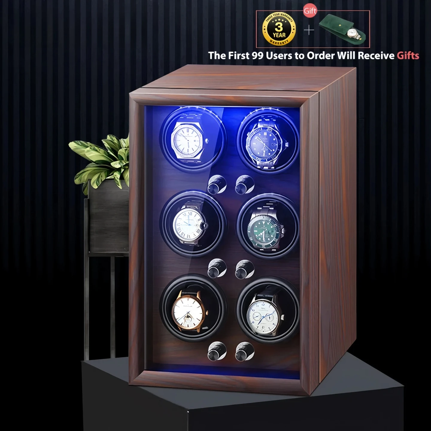 Brand Mechanical Automatic Watch Winder Luxury Wood Watch Box with LED Light and Lid Sensor Watches Storage Safe Box