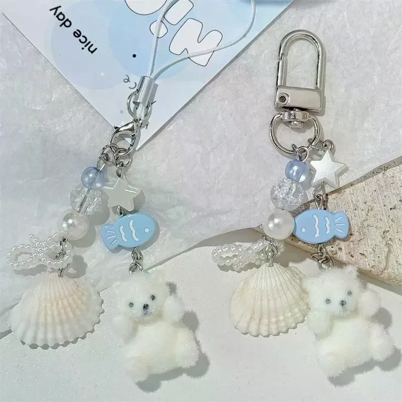 Cartoon Animal Flocked Polar Bear Shell Keychain Pendant Backpack Ornament Bag Lanyard Phone Chain Children Gifts Keyring