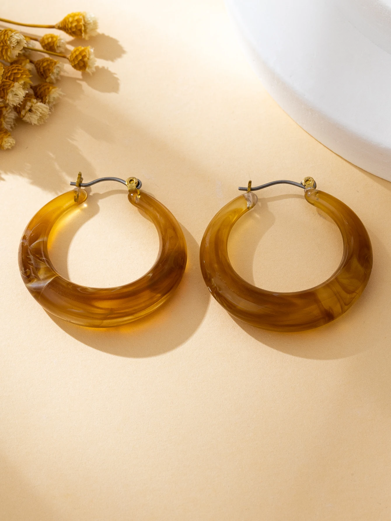 Vintage Amber Resin Circle Earrings for Women, Tortoiseshell Texture Large Hoop Earrings, Simple and Stylish Hoop Earrings for Daily Wear and Party Accessories