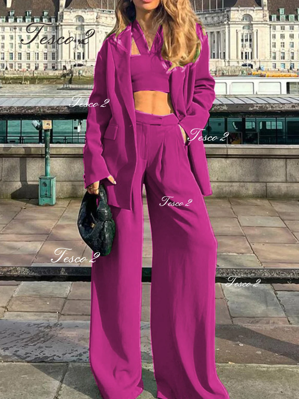 

Женский Повседневный костюм из 2 предметов, Фиолетовый пиджак, прямые брюки с широкими штанинами, одежда для весны и осени