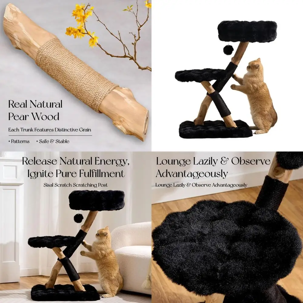 

Elegant Wooden Cat Tower, 33 Tall with Scratching Post and Plush Ball for Large Cats - Black