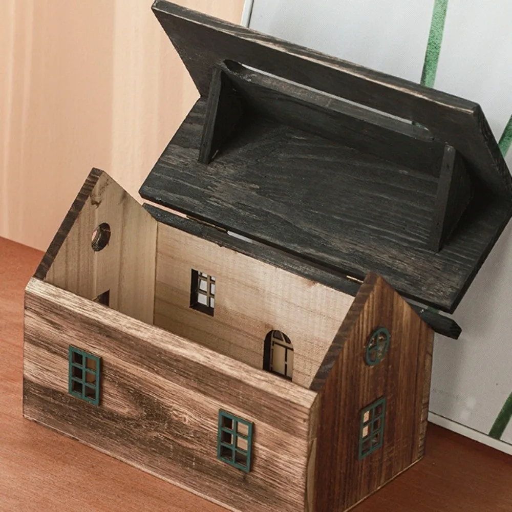 

Retro Wooden House Tissue Box Handmade Decorative Solid Wood Paper Box Simple Waterproof Storage Box Home Decoration