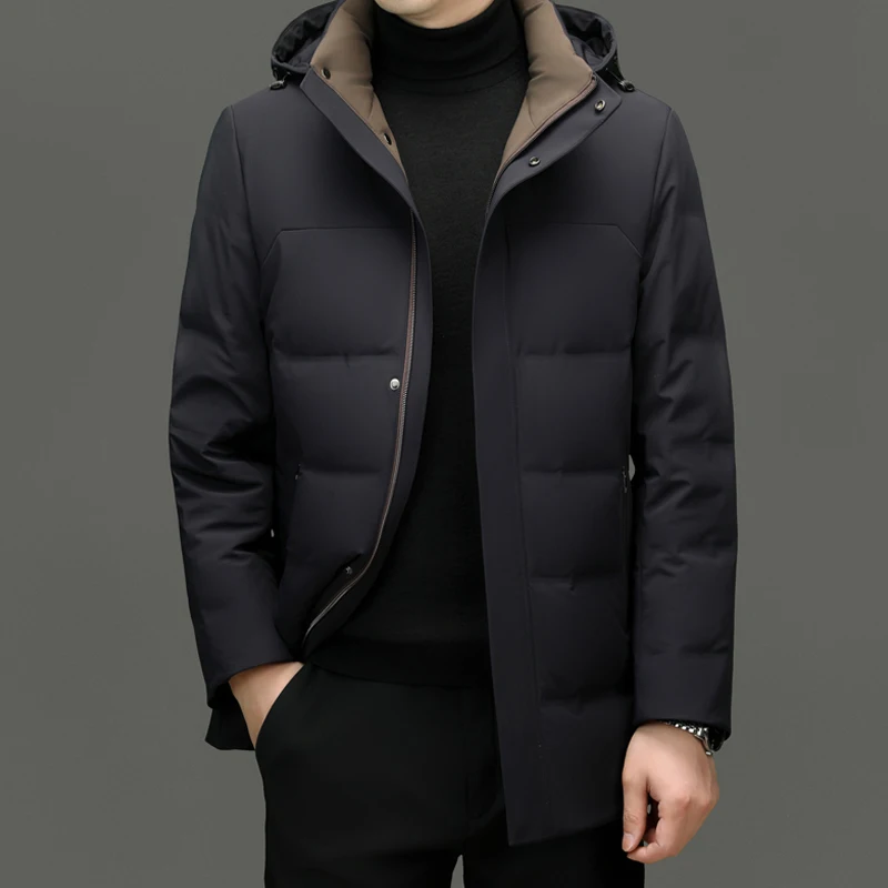 Casual Winter Mens Warm Hooded Duck Down Jacket Solid Detachable Hat Puffer Coat Outwear Loose Windproof Thick Mid-Length Parkas