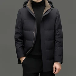 Casual Winter Mens Warm Hooded Duck Down Jacket Solid Detachable Hat Puffer Coat Outwear Loose Windproof Thick Mid-Length Parkas